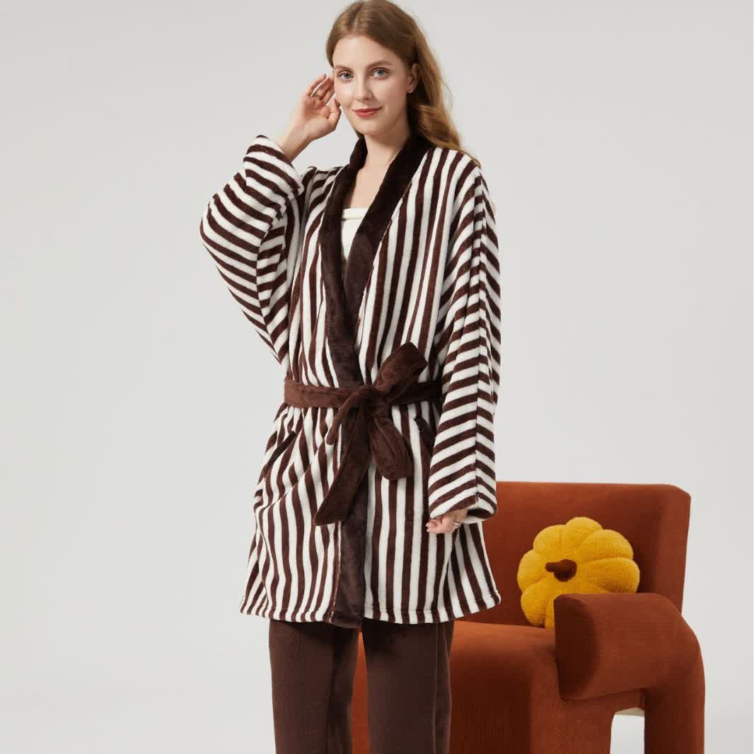 Ownkoti Stripe Kimono Style Plush Loungewear Set - Dark Brown - XL - image 2