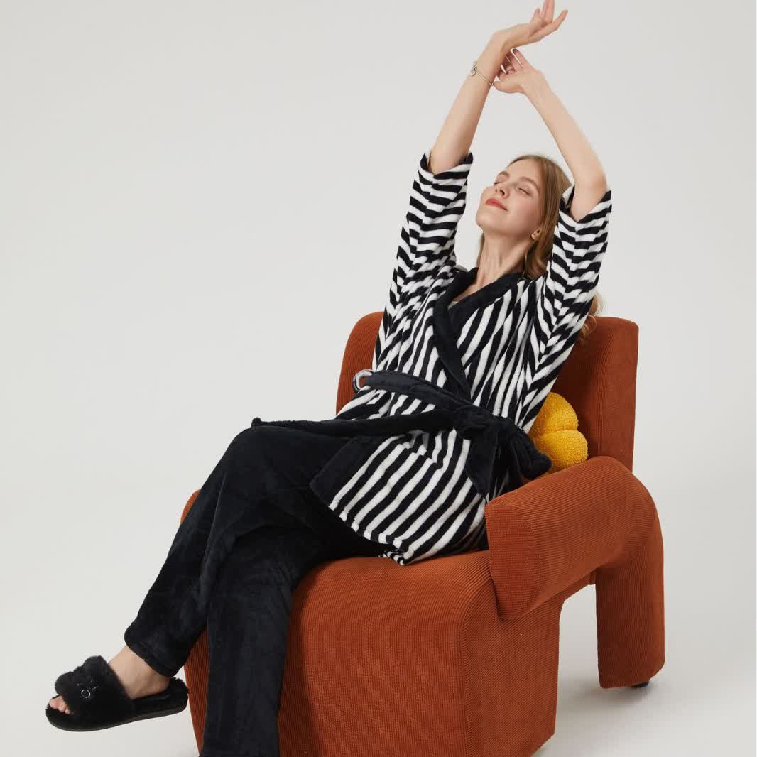 Ownkoti Stripe Kimono Style Plush Loungewear Set - image 1