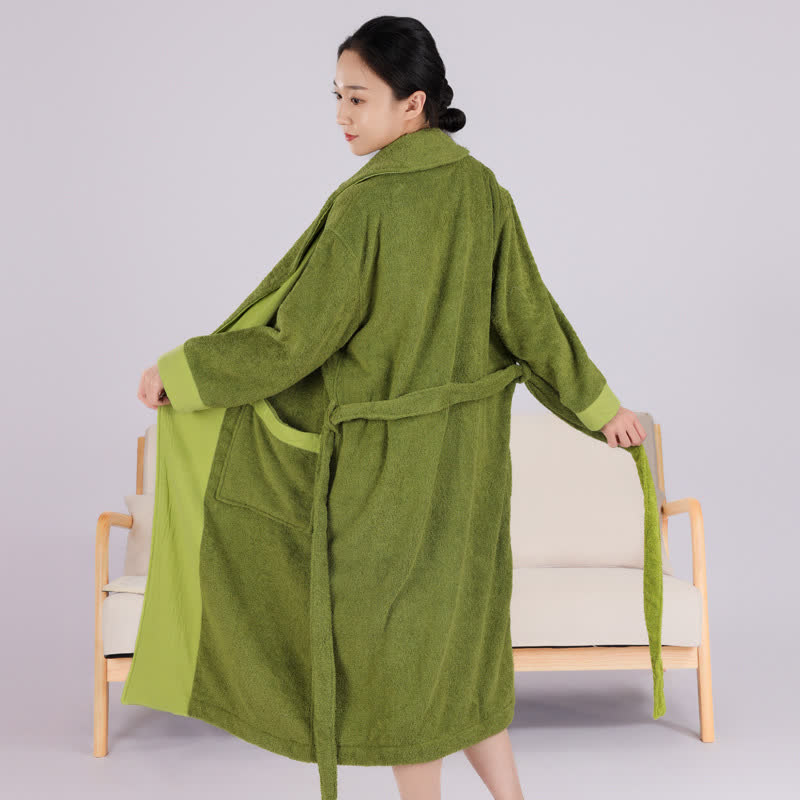 Ownkoti Minimalist Style Colorblock Cotton Bathrobe - Dark Green - XL - image 1