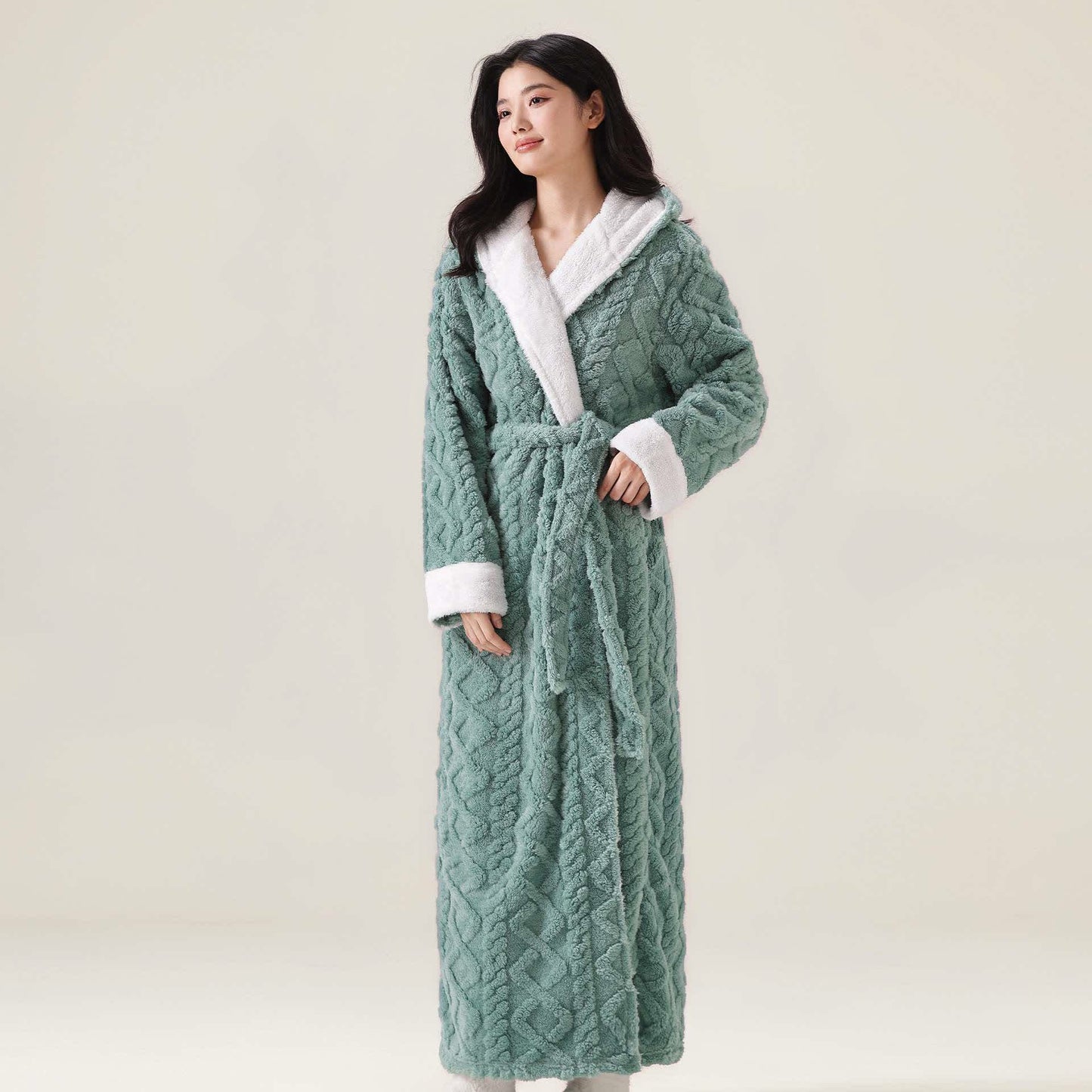 Ownkoti Jacquard Hooded Plush Warm Bathrobe - Green - XL - image 4