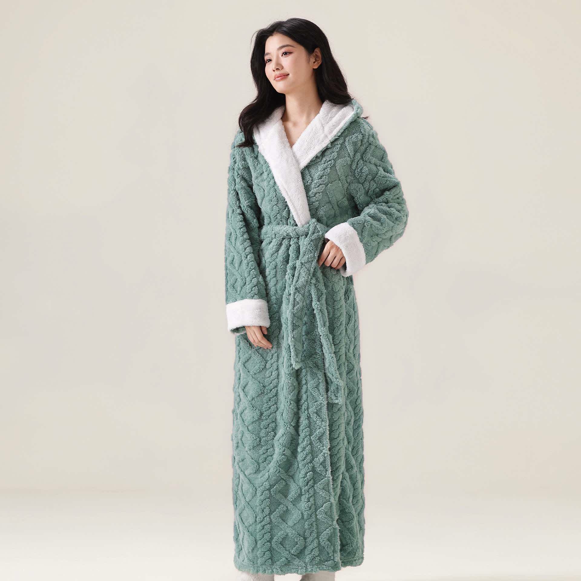 Ownkoti Jacquard Hooded Plush Warm Bathrobe - Green - XL - image 4