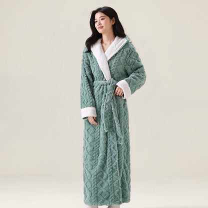 Ownkoti Jacquard Hooded Plush Warm Bathrobe - Green - XL - image 4