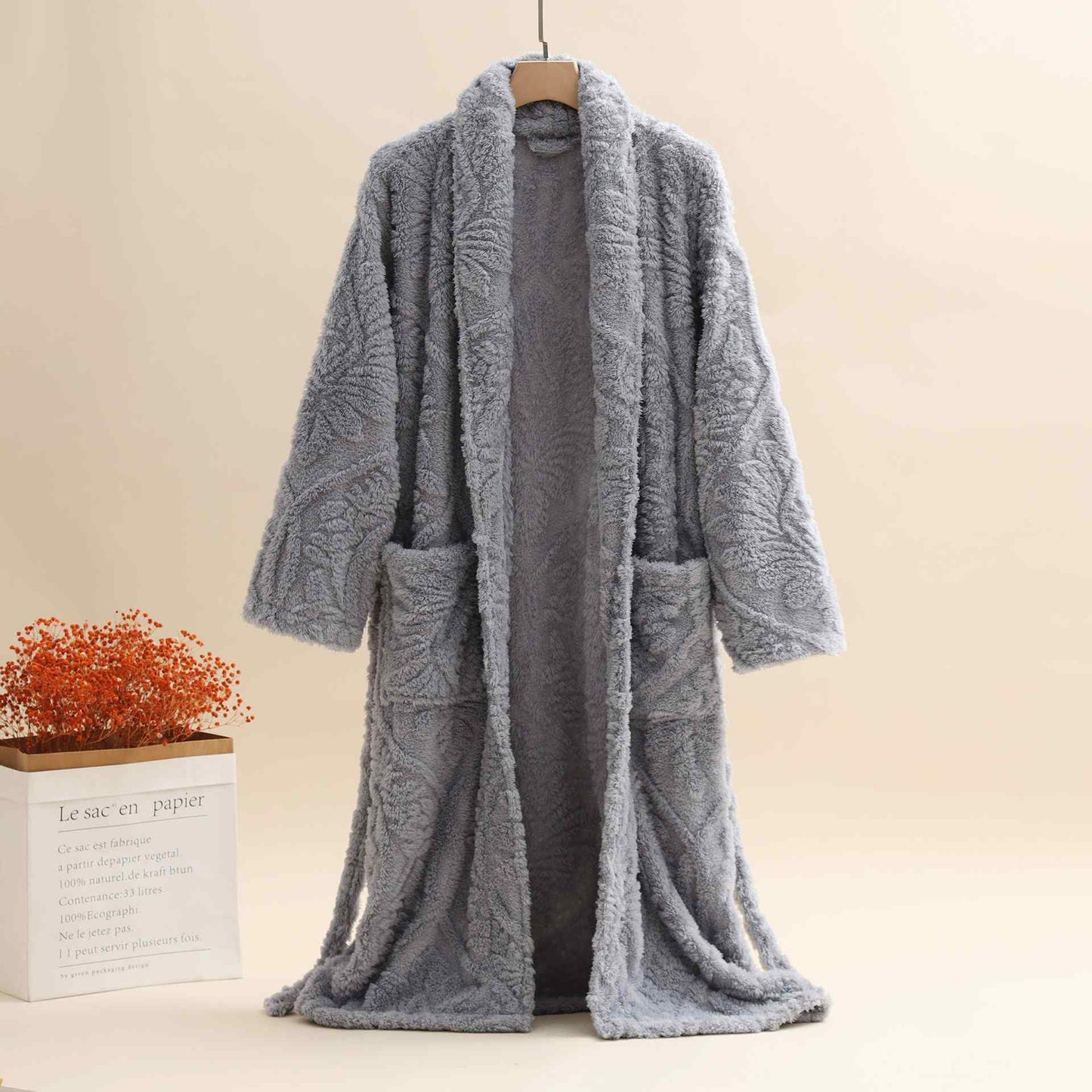 Ownkoti Unisex Retro Jacquard Plush Warm Bathrobe - Gray - XL - image 5