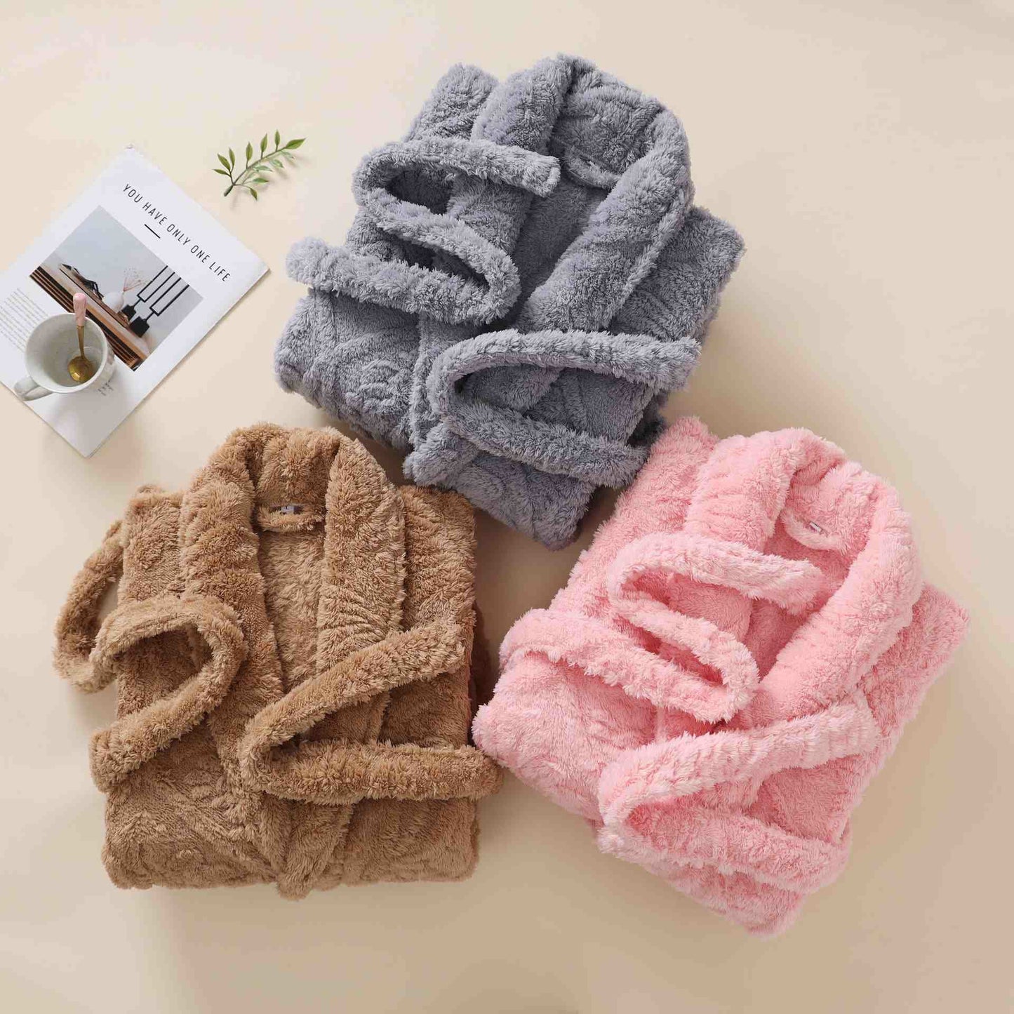 Ownkoti Unisex Retro Jacquard Plush Warm Bathrobe - image 2