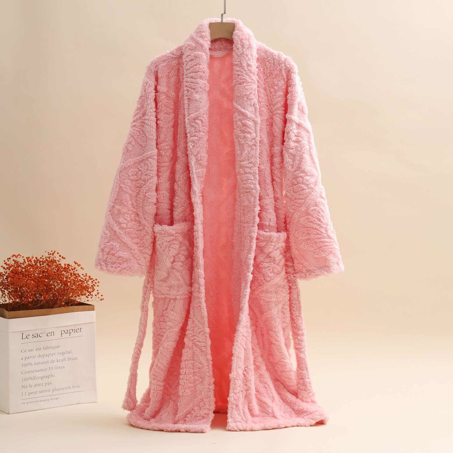 Ownkoti Unisex Retro Jacquard Plush Warm Bathrobe - Pink - XL - image 3