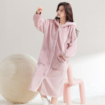 Ownkoti Simple Hooded Button Plush Bathrobe - Pink - XL - image 0
