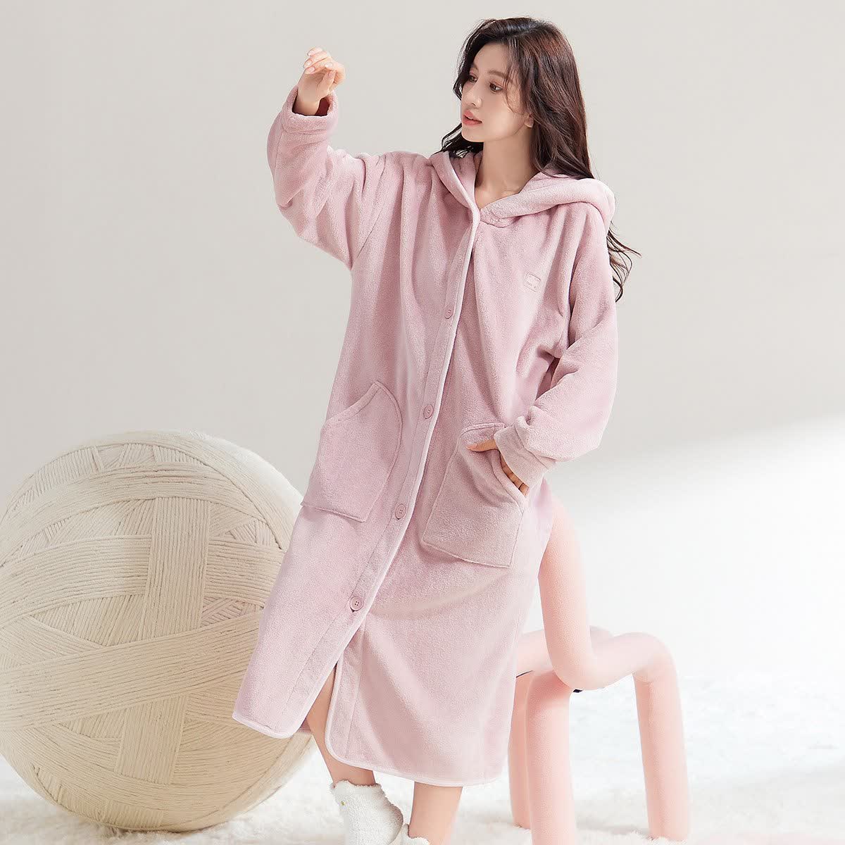 Ownkoti Simple Hooded Button Plush Bathrobe - Pink - XL - image 0
