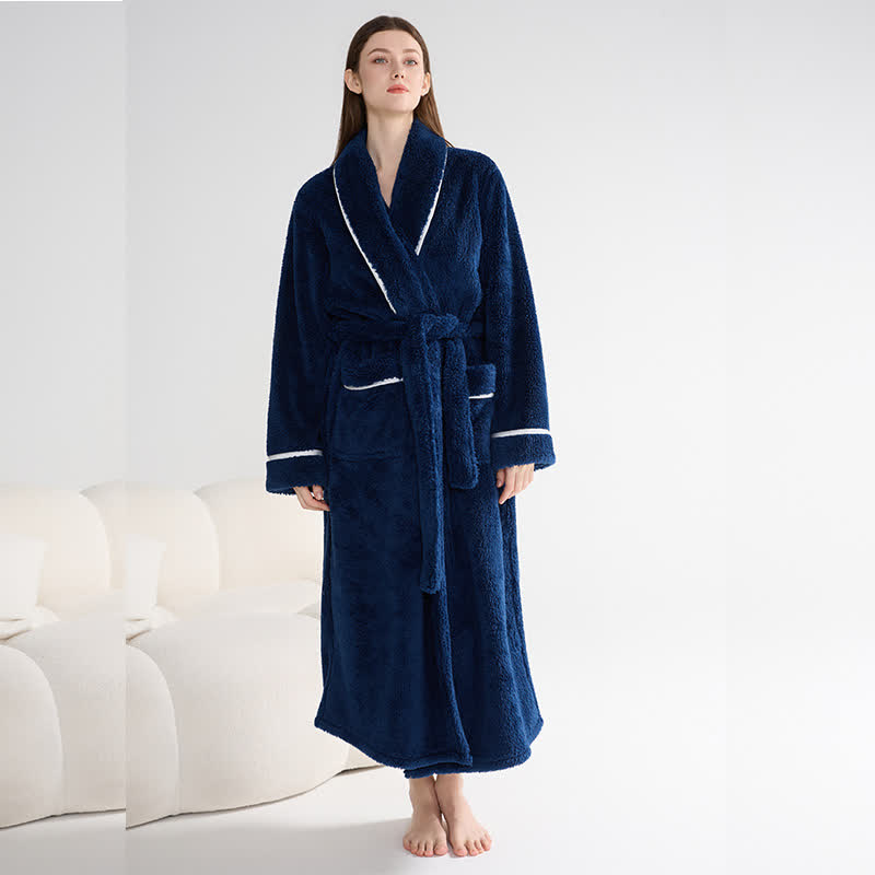 Ownkoti Unisex Plush Solid Warm Long Robe - Navy Blue - XL - image 8