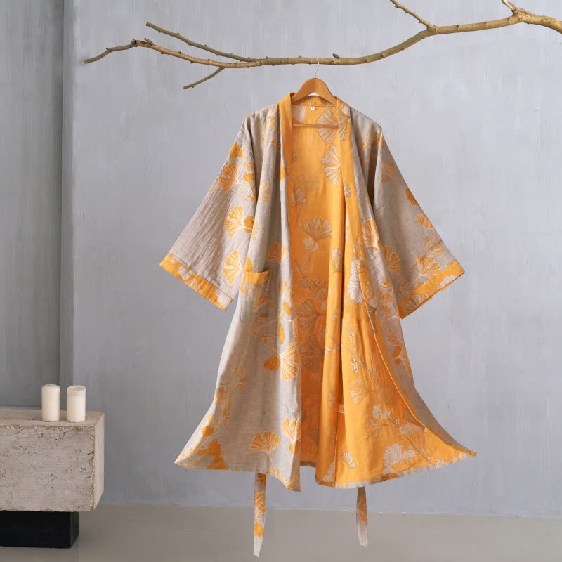 Ownkoti Cotton Gauze Ginkgo Kimono Robe - Grey & Orange - XL - image 55