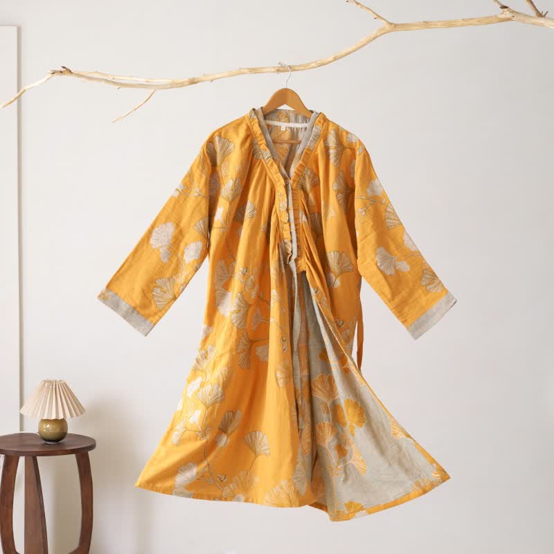 Ownkoti Ginkgo Leaf Hanfu Inspired Cotton Nightdress - Orange - XL - image 28