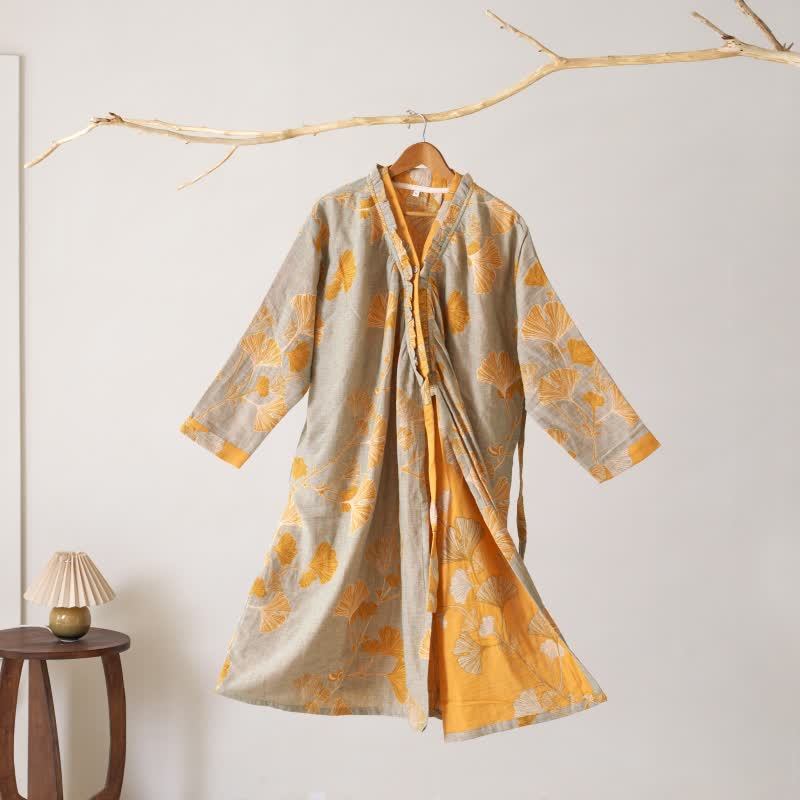 Ownkoti Ginkgo Leaf Hanfu Inspired Cotton Nightdress - Grey & Orange - XL - image 32