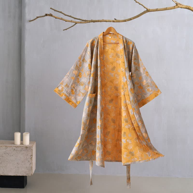 Ownkoti Ginkgo Biloba Cotton Gauze Kimono Robe - Grey & Orange - XL - image 41