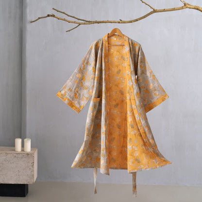 Ownkoti Ginkgo Leaf Cotton Gauze Japanese Robe - Grey & Orange - XL - image 42