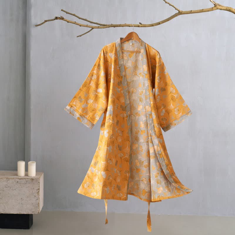 Ownkoti Ginkgo Biloba Cotton Gauze Kimono Robe - Orange & Grey - XL - image 36