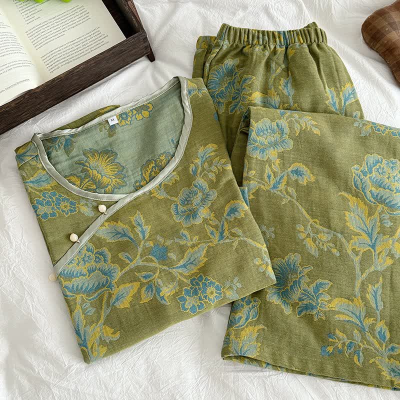 Ownkoti Oriental Style Peony Cotton Gauze Pajamas - image 2