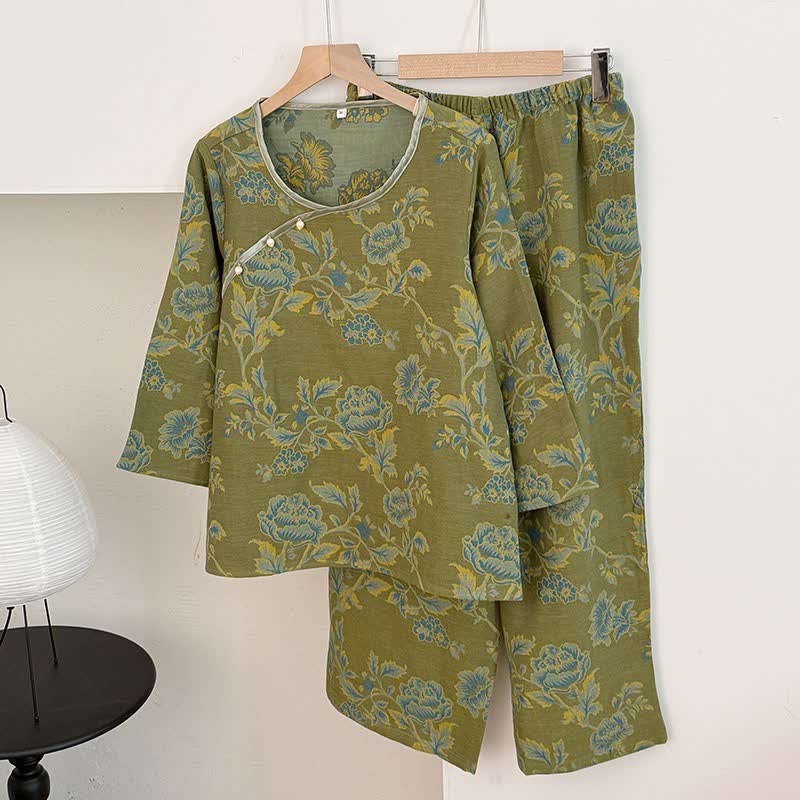 Ownkoti Oriental Style Peony Cotton Gauze Pajamas - Green - XL - image 1