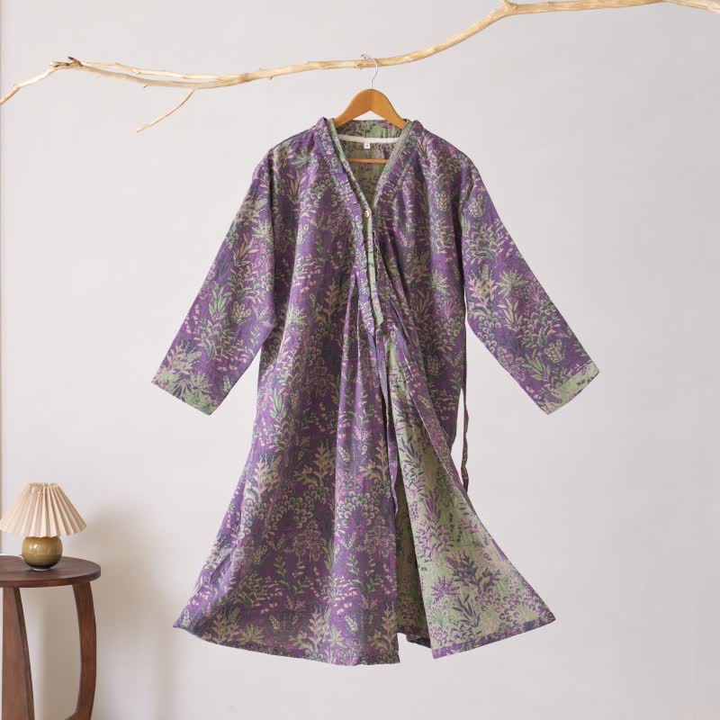 Ownkoti Botanical Plant Ruffled Cotton Nightdress - Purple - XL - image 8