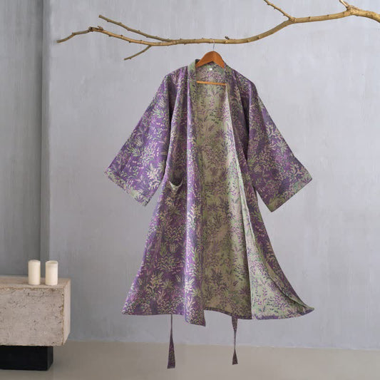 Ownkoti Botanical Plant Cotton Gauze Kimono Robe - Purple - XL - image 0