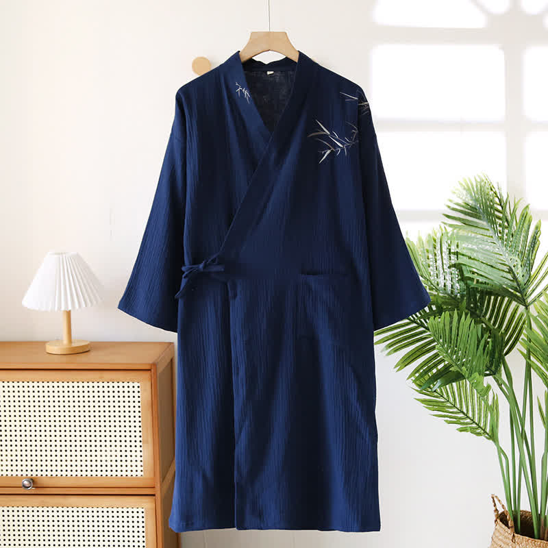 Ownkoti Unisex Bamboo Cotton Gauze Bathrobe - Navy Blue - XL - image 15
