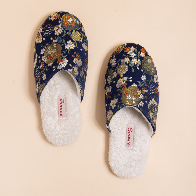 Ownkoti Vintage Floral Embroidered Plush House Slippers - Dark Blue - 2XL - image 9