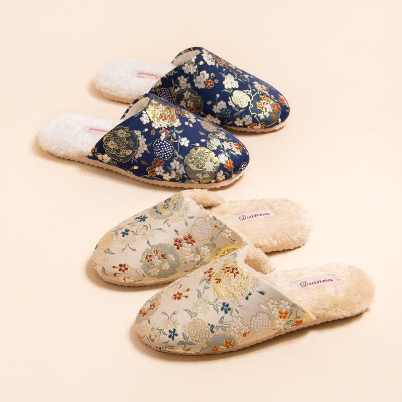Ownkoti Vintage Floral Embroidered Plush House Slippers - image 2