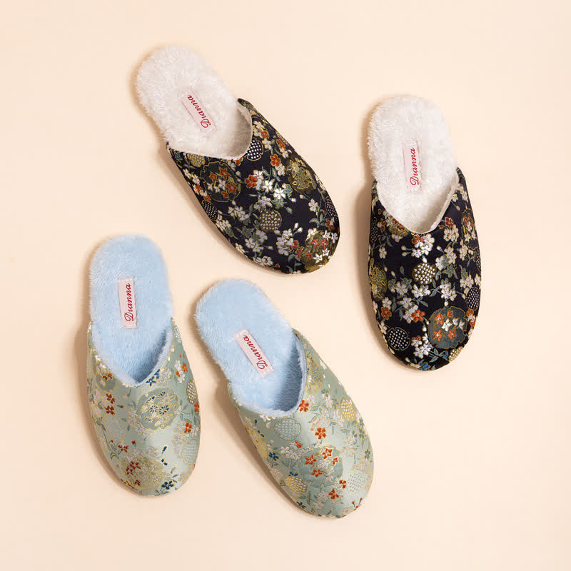 Ownkoti Vintage Floral Embroidered Plush House Slippers - image 3