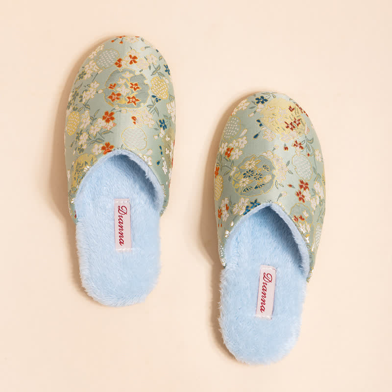 Ownkoti Vintage Floral Embroidered Plush House Slippers - Green - L - image 6