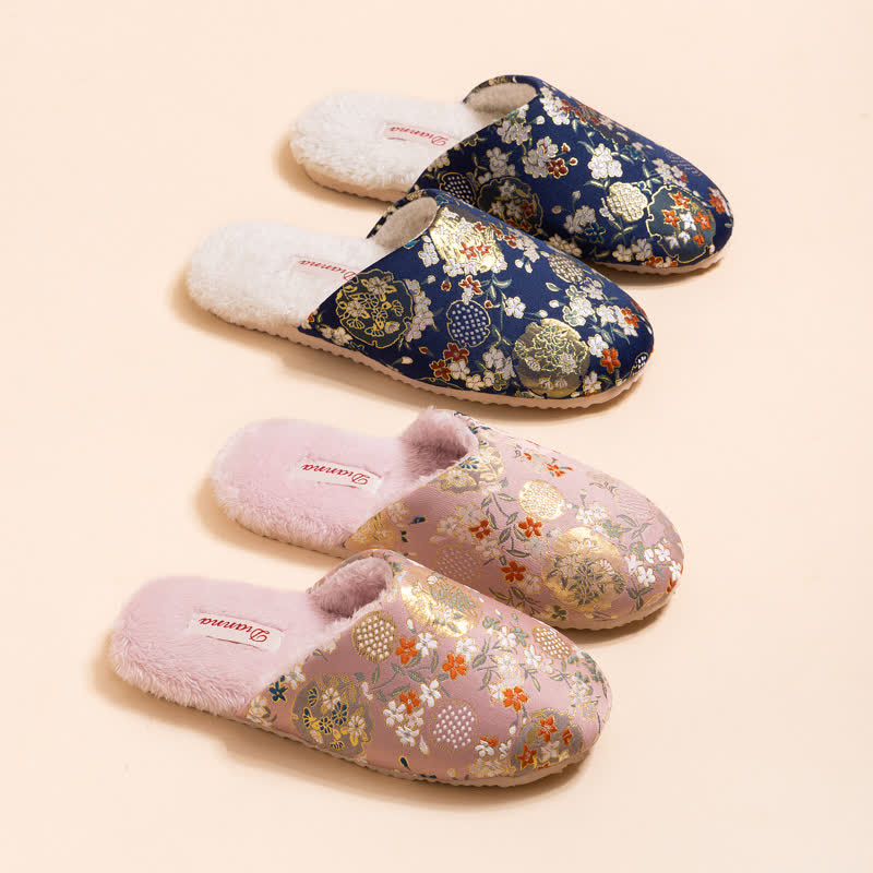 Ownkoti Vintage Floral Embroidered Plush House Slippers - image 1