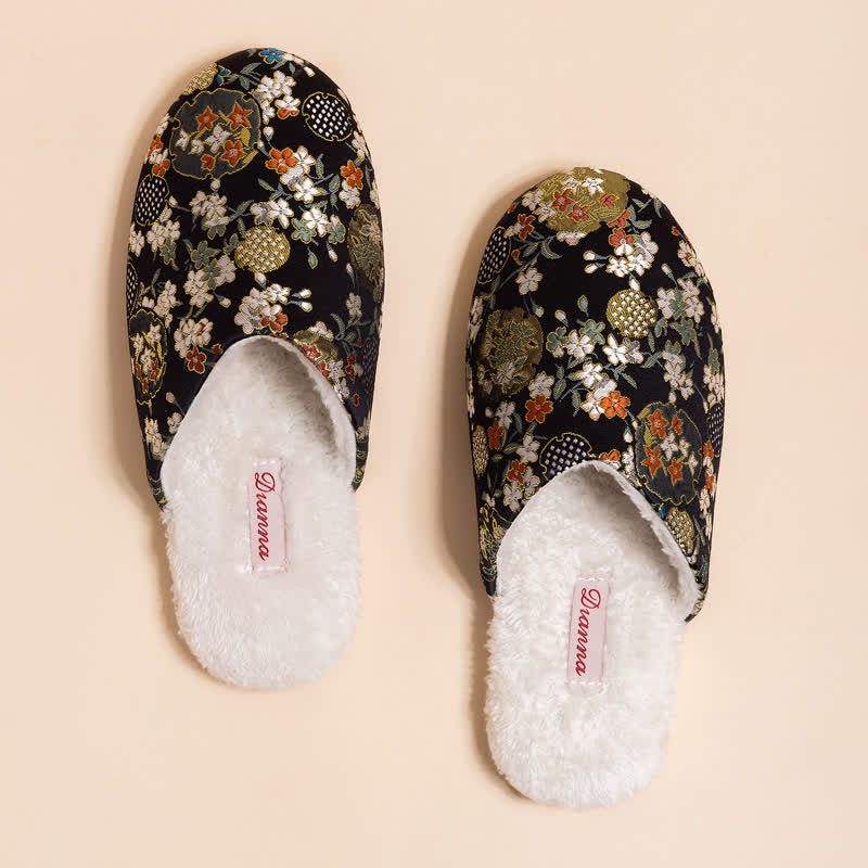 Ownkoti Vintage Floral Embroidered Plush House Slippers - Black - 2XL - image 8