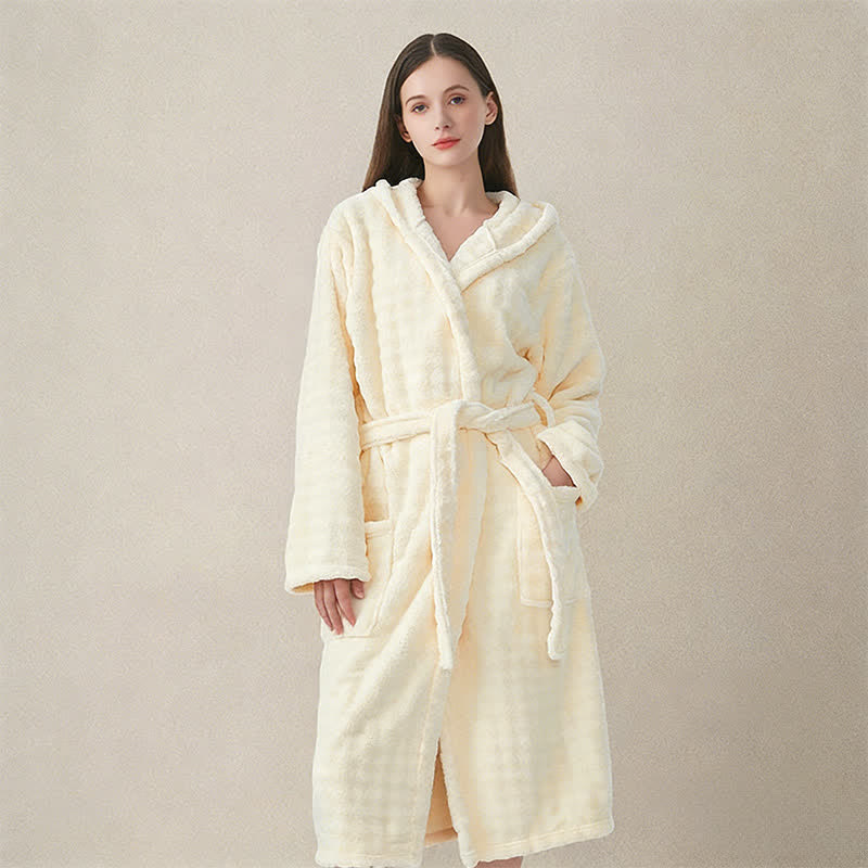 Ownkoti Simple Flannel Robe with Hood and Pockets - Beige - One Size - image 0