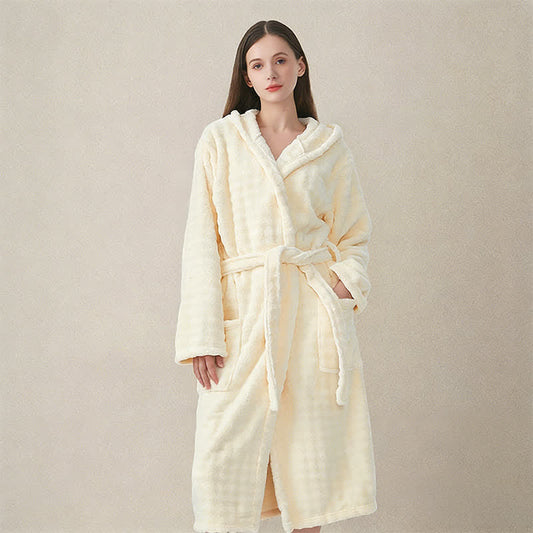 Ownkoti Simple Flannel Robe with Hood and Pockets - Beige - One Size - image 0