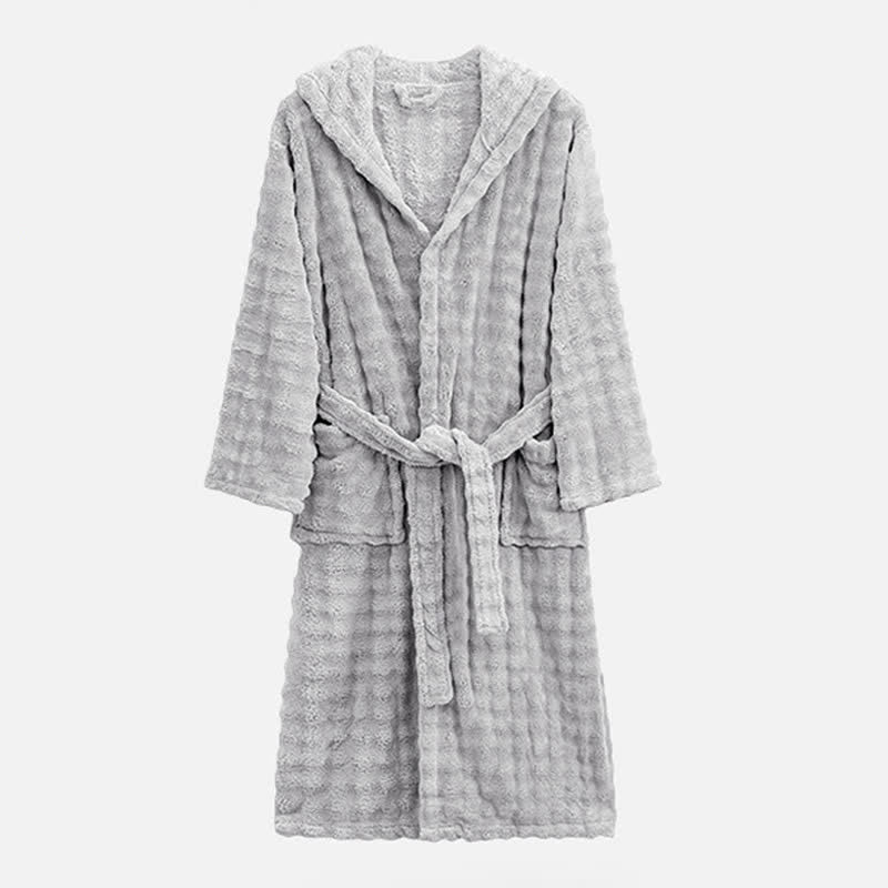 Ownkoti Simple Flannel Robe with Hood and Pockets - Light Gray - One Size - image 9