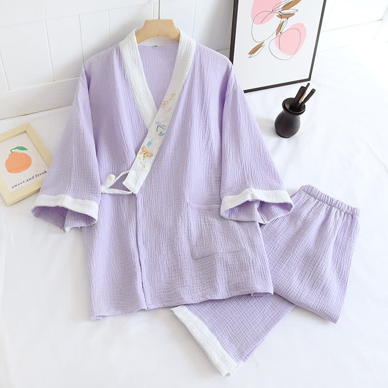 Ownkoti Butterfly Embroidered Cotton Gauze Kimono Loungewear - Light Purple - XL - image 16
