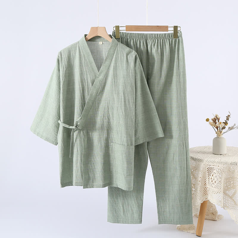 Ownkoti Subtle Plaid Cotton Gauze Kimono Loungewear - Green - XL - image 10