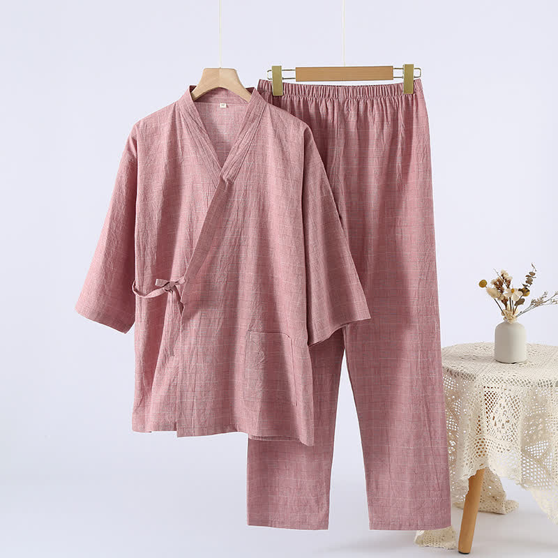 Ownkoti Subtle Plaid Cotton Gauze Kimono Loungewear - Purple - XL - image 0