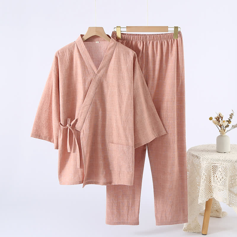 Ownkoti Subtle Plaid Cotton Gauze Kimono Loungewear - Orange - XL - image 0