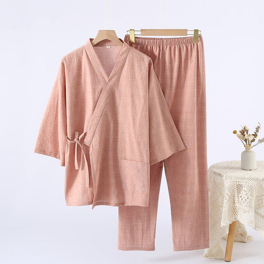 Ownkoti Subtle Plaid Cotton Gauze Kimono Loungewear - Orange - XL - image 0
