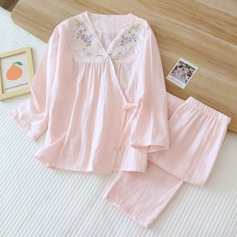 Ownkoti Floral Embroidery Cotton Gauze Kimono Loungewear - Light Pink - XL - image 3