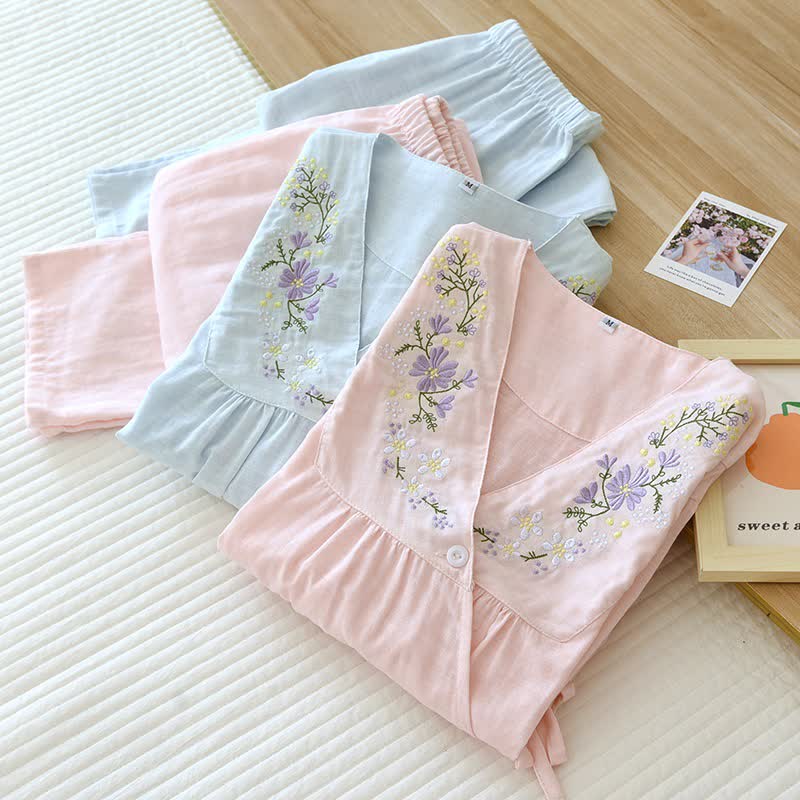 Ownkoti Floral Embroidery Cotton Gauze Kimono Loungewear - image 1