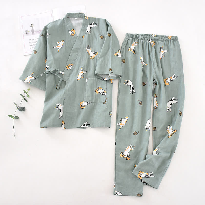 Ownkoti Couple Matching Cat Cotton Kimono Loungewear - Dark Green - Men - L - image 18