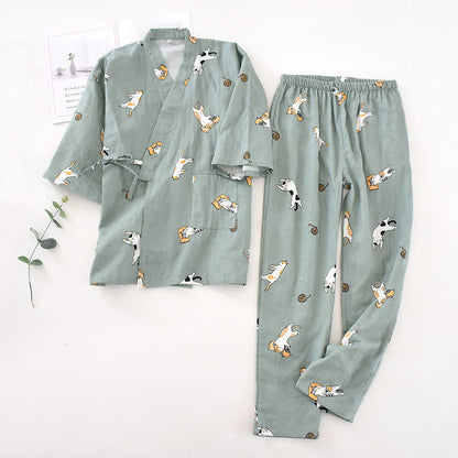 Ownkoti Couple Matching Cat Cotton Kimono Loungewear - Dark Green - Men - L - image 18