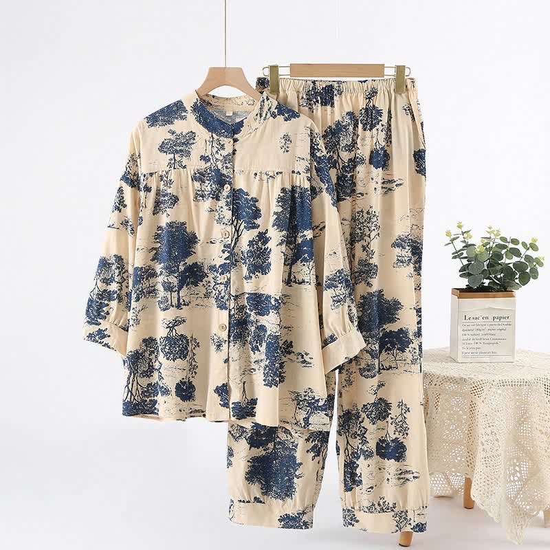 Ownkoti Retro Oriental Style Tree Cotton Loungewear - White - XL - image 0