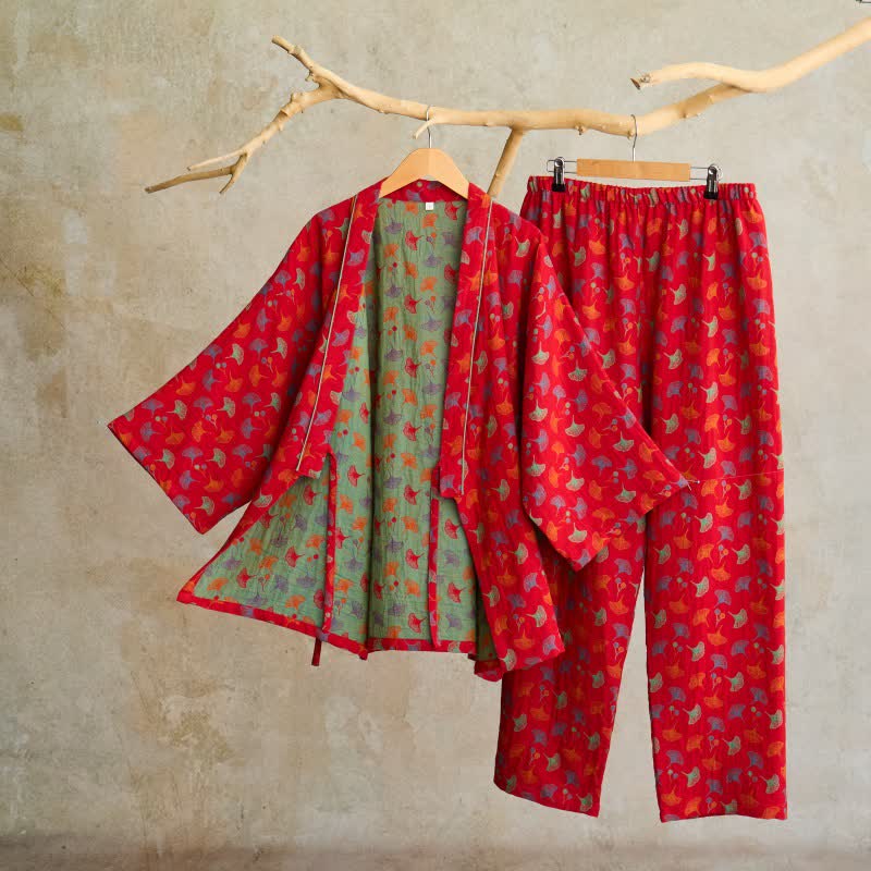 Ownkoti Ginkgo Organic Cotton Kimono Loungewear Set - Red & Green - XL - image 12