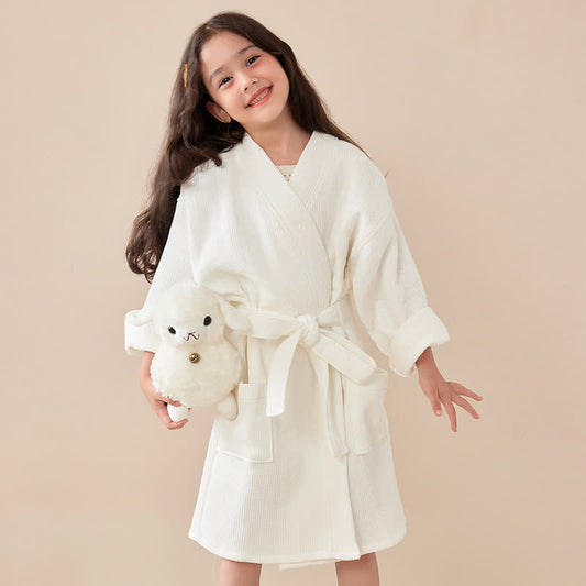 Ownkoti Solid Waffle Weave Cotton Child Bathrobe - White - Child:145-160cm - image 0