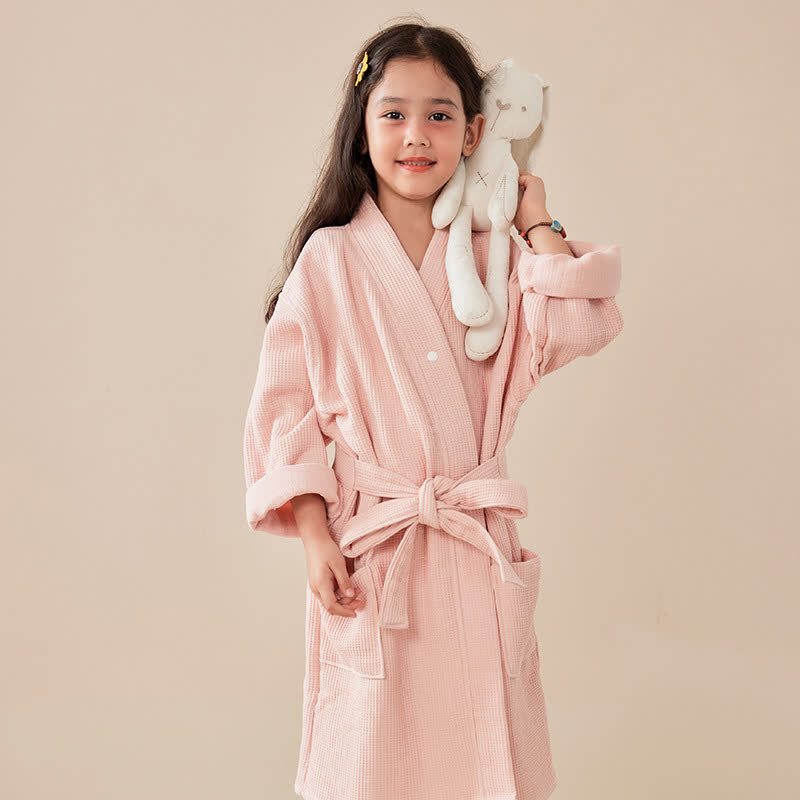 Ownkoti Solid Waffle Weave Cotton Child Bathrobe - Pink - Child:145-160cm - image 4