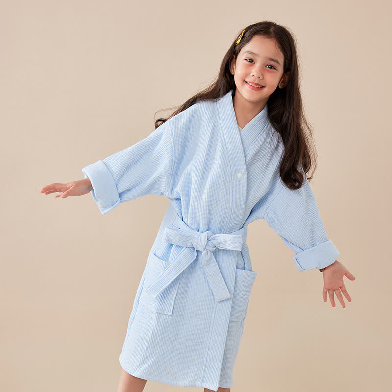 Ownkoti Solid Waffle Weave Cotton Child Bathrobe - Blue - Child:145-160cm - image 8