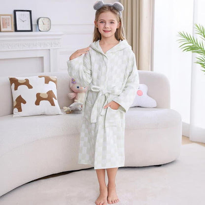 Ownkoti Checkered Hooded Cotton Gauze Child Bathrobe - Green - Child:145-160cm - image 4