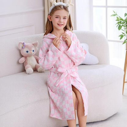 Ownkoti Checkered Hooded Cotton Gauze Child Bathrobe - Pink - Child:145-160cm - image 0