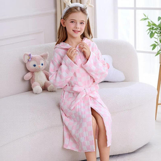 Ownkoti Checkered Hooded Cotton Gauze Child Bathrobe - Pink - Child:145-160cm - image 0