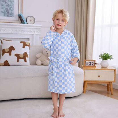 Ownkoti Checkered Hooded Cotton Gauze Child Bathrobe - Blue - Child:145-160cm - image 2